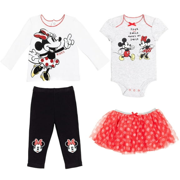 Disney Minnie Mouse Bodysuit T-Shirt Mesh Skirt and Leggings 4 Piece Layette Set Newborn to Infant