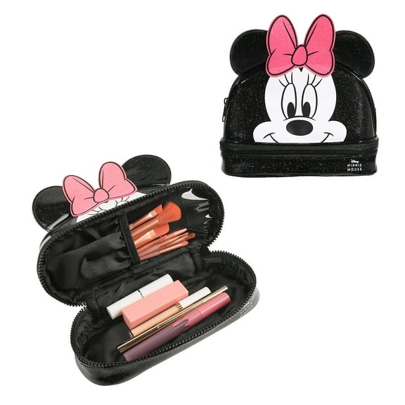 Disney Minnie Mouse Character Face Black Glitter 6" Cosmetic Pouch With 3D Ears