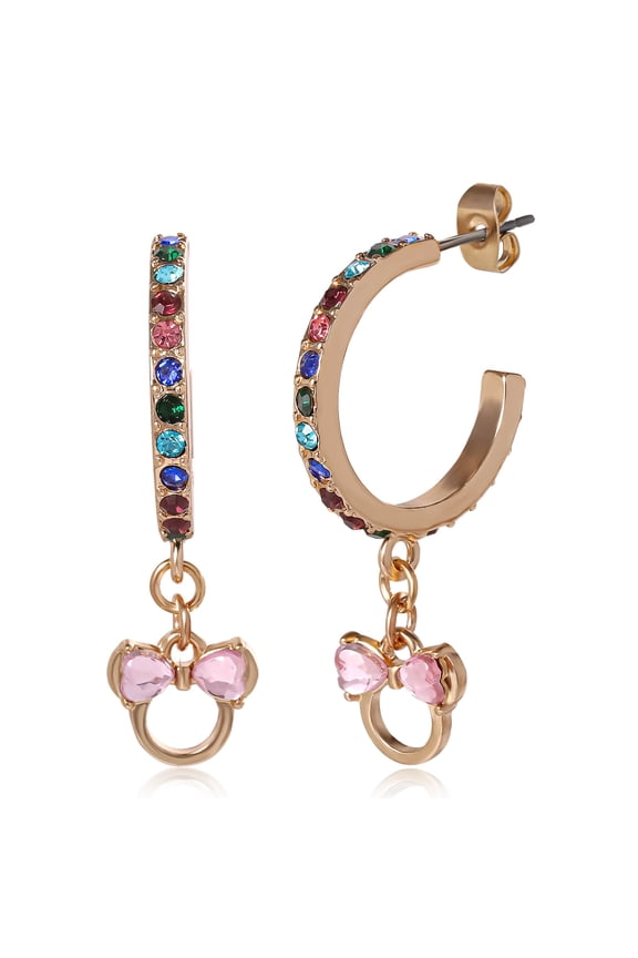 Minnie Mouse Earrings for Women Official License - Gold-Tone Hoop Earrings with Multicolored Crystals and Minnie Mouse Charm
