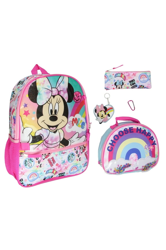 Disney Minnie Mouse Choose Happy 5pc Set Backpack Lunch Box Key Chain Pencil Case Carabiner 16"