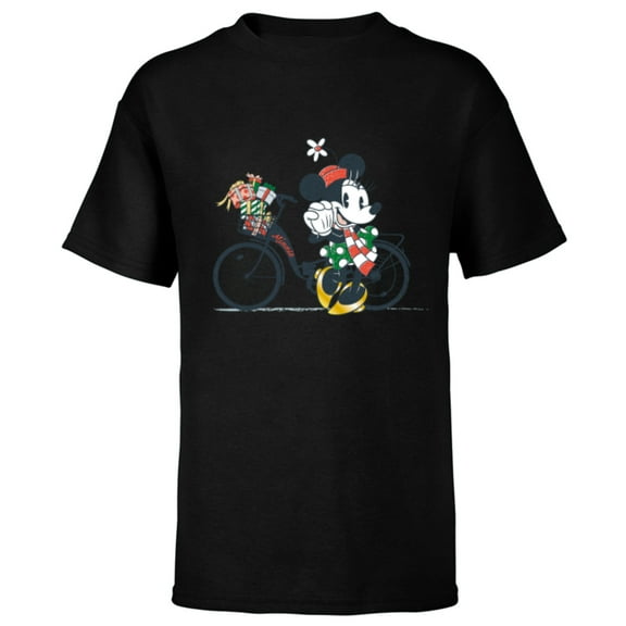 Disney Minnie Mouse Christmas Gift Bicycle Retro Distressed - Short Sleeve T-Shirt for Kids - Customized-Black