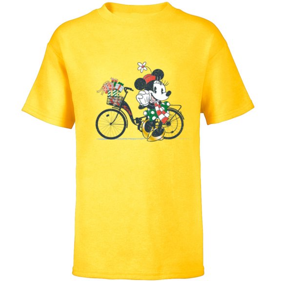 Disney Minnie Mouse Christmas Gift Bicycle Retro Distressed - Short Sleeve T-Shirt for Kids - Customized-Yellow