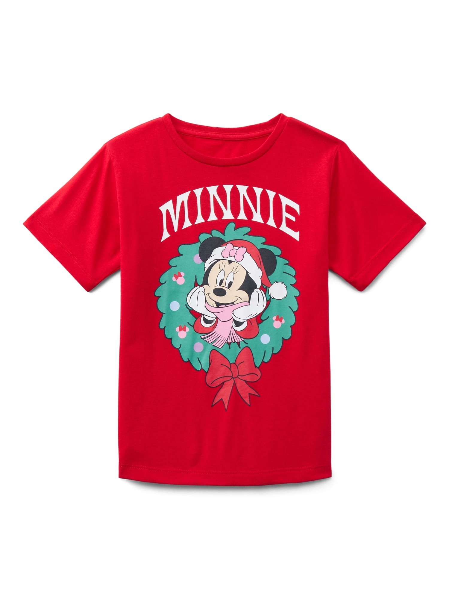 Disney Minnie Mouse Christmas Wreath Girls Graphic Tee with Short Sleeves, Sizes 4-16