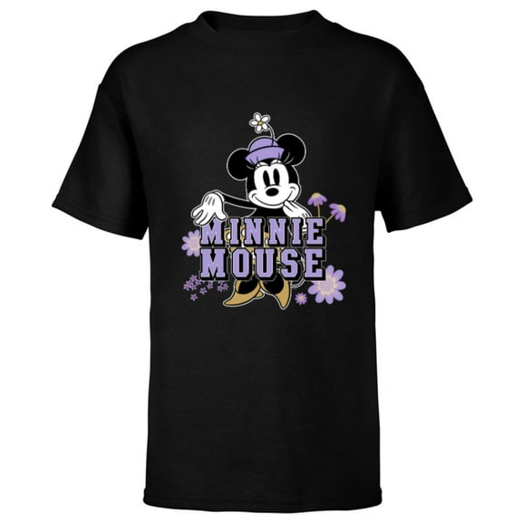 Disney Minnie Mouse Classic Look Floral Spring Flower Garden - Short Sleeve T-Shirt for Kids - Customized-Black