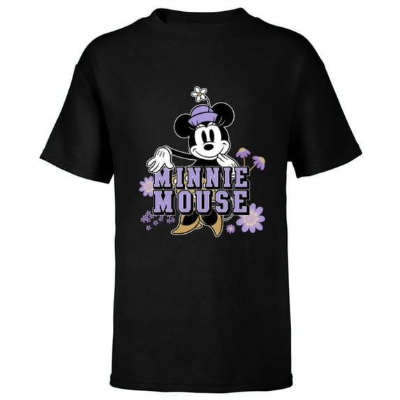Disney Minnie Mouse Classic Look Floral Spring Flower Garden - Short Sleeve T-Shirt for Kids - Customized-Black