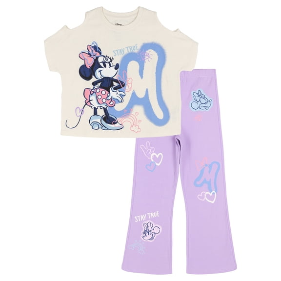 Disney Minnie Mouse Cold Shoulder T-Shirt and Flare Leggings Outfit Set Airbrush Toddler to Big Kid