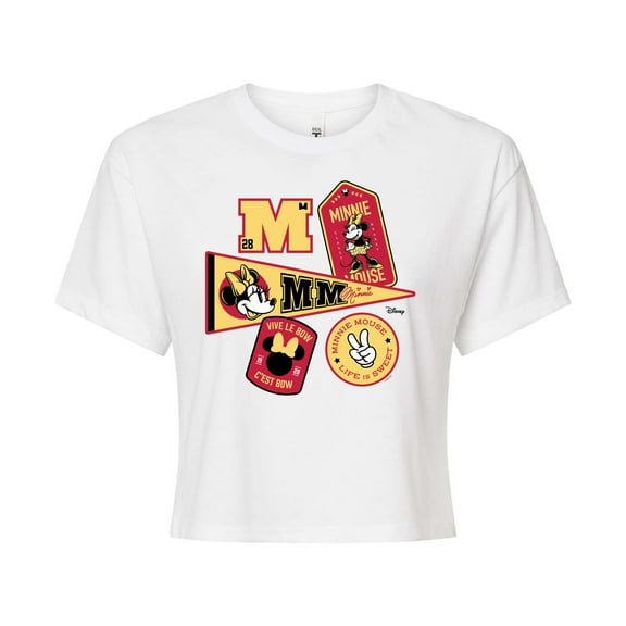 Disney - Minnie Mouse - Collegiate Patches; Life is Sweet - Juniors Cropped Cotton Blend T-Shirt