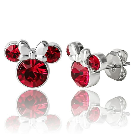 Disney Minnie Mouse Crystal Stud Earrings, Silver Plated Brass, (Includes Gift Box)