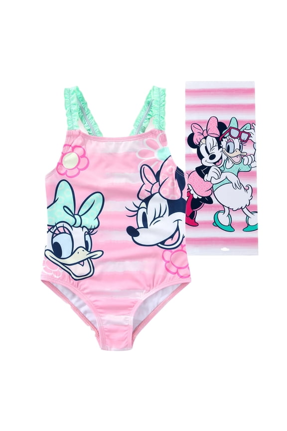 Minnie Mouse Daisy Duck UPF 50+ One Piece Swimsuit Bathing Suit with Towel (Girls), 2 Piece Set, Sizes 2T-6X