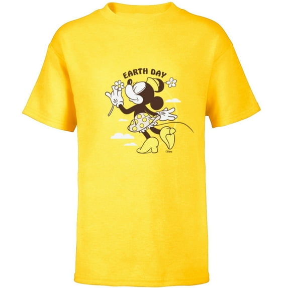 Disney Minnie Mouse Earth Day Clouds Flowers Retro Vintage - Short Sleeve T-Shirt for Kids - Customized-Yellow