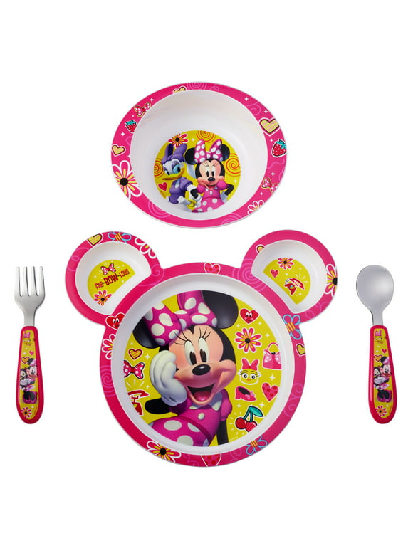 Disney Minnie Mouse Feeding Set, Minnie Mouse Plate, Bowl, Knife & Fork Set, 4 Piece