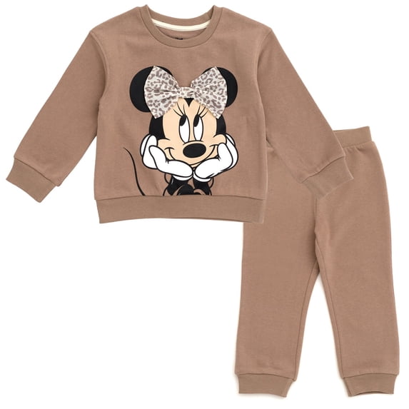 Disney Minnie Mouse Toddler Girls' 2-Piece Fleece Sweatshirt and Pants Set Tan Leopard