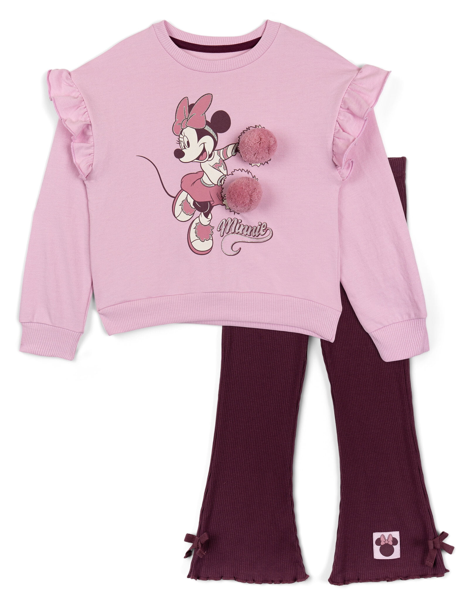 Disney Minnie Mouse Fleece Drop Shoulder Pullover Sweatshirt and Ribbed Flare Leggings Outfit Set Toddler to Big Kid
