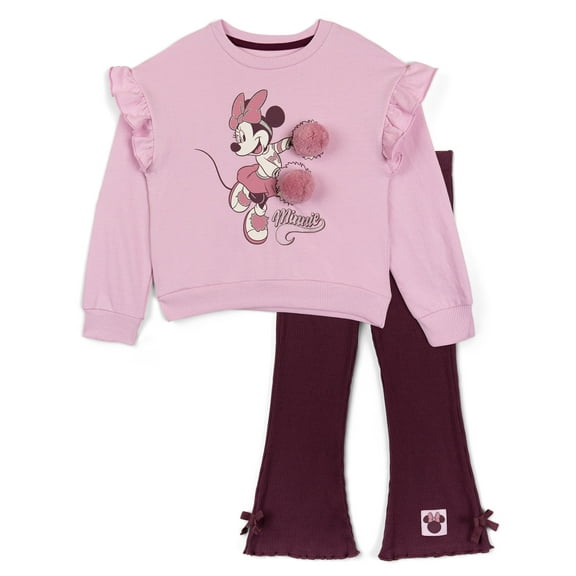 Disney Minnie Mouse Fleece Drop Shoulder Pullover Sweatshirt and Ribbed Flare Leggings Outfit Set Toddler to Big Kid