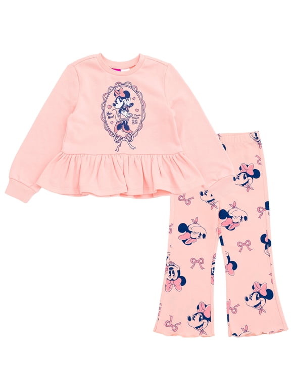 Minnie Mouse Fleece Pullover Peplum Sweatshirt and Ribbed Flare Leggings Outfit Set Toddler to Big Kid