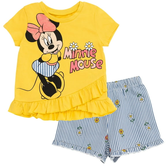 Disney Minnie Mouse Floral Little Girls Crossover T-Shirt and Chambray Shorts Outfit Set Infant to Little Kid