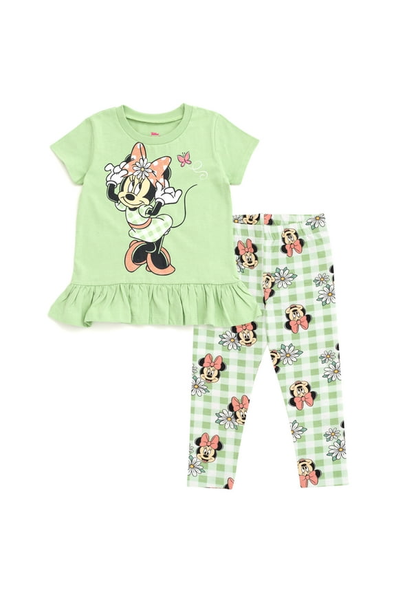 Minnie Mouse Floral Little Girls Peplum T-Shirt and Leggings Outfit Set Green 6