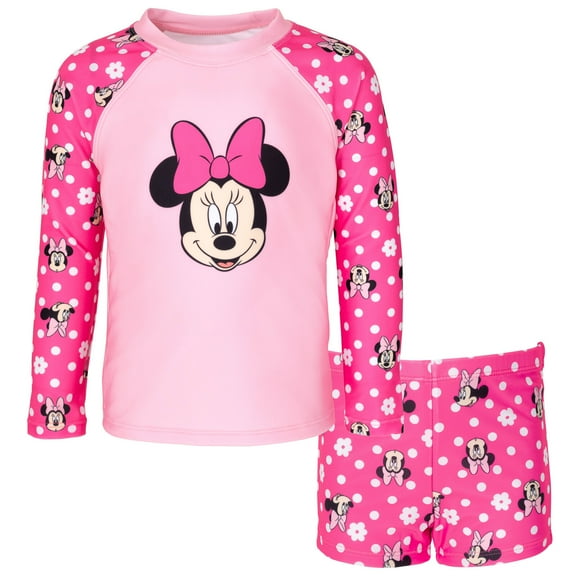 Disney Minnie Mouse Floral UPF 50 Rash Guard and Swim Shorts Swimsuit Set Polka Dots Toddler to Big Kid