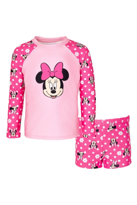 Toddler to Big Kid Minnie Mouse Floral UPF 50+ Rash Guard, 2-pcs, 4T, Pink/white