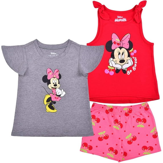 Disney Minnie Mouse Girl's 3 Pack Short Sleeves Tee, Sleeveless Shirt and Shorts Set for Kids