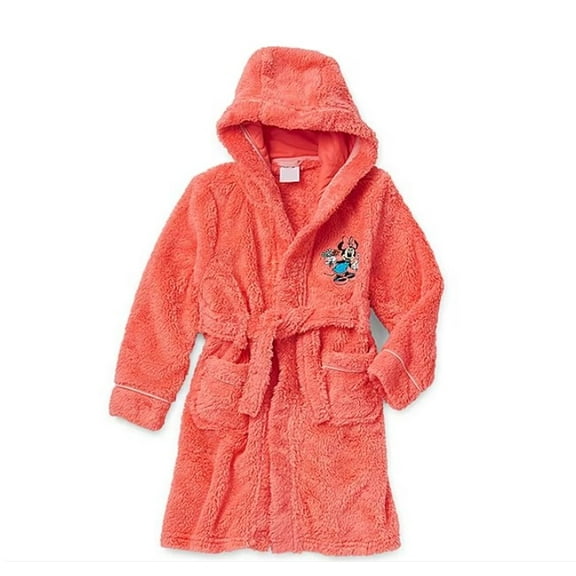 Disney Minnie Mouse Girl's Coral Peach Plush Minky Fleece Hooded Bathrobe (Size 5-6)
