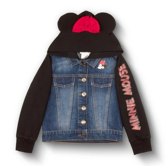 Disney Minnie Mouse Girl's Hoodie Jean Jacket with Ears - Fashion Hooded Denim Jacket with Sleeve Print for Kids (Size 4-12)