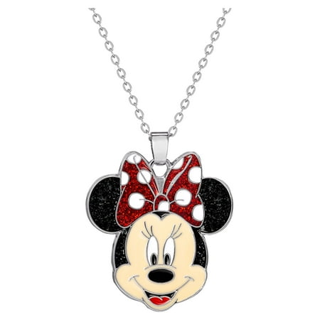 Disney-Minnie Mouse, Girl's/Tween Glitter Bow Pendant, 16" + 2" Chain