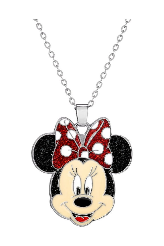 -Minnie Mouse, Girl's/Tween Glitter Bow Pendant, 16" + 2" Chain