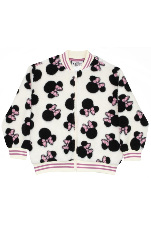 Minnie Mouse Girl's Zip-Up Varsity Bomber Jacket - Casual Lightweight Coat with Minnie Mouse Design for Kids (Sizes 4-14)