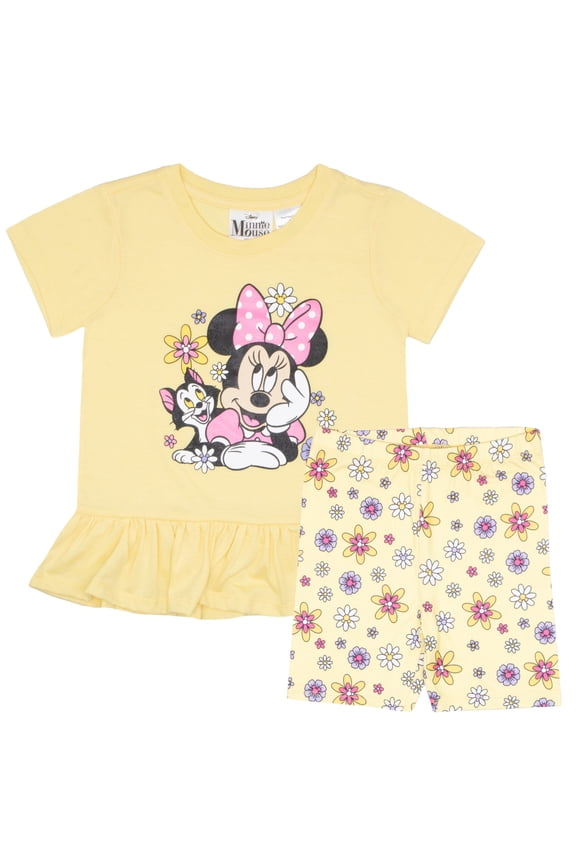 Minnie Mouse Girls 2-Piece Set - Ruffle Hem Short Sleeve Graphic T-Shirt and Biker Shorts - Summer Outfit for Kids and Toddlers (Sizes 2T-6X)