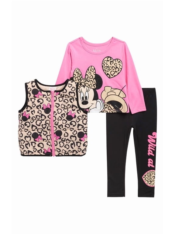 Disney Minnie Mouse Girls 3-Piece Outfit Set Leopard Print Vest, Long Sleeve Top & Leggings Toddler & Kids Clothing