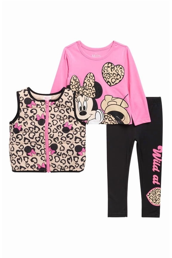 Disney Minnie Mouse Girls 3-Piece Outfit Set Leopard Print Vest, Long Sleeve Top & Leggings Toddler & Kids Clothing