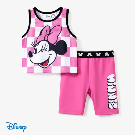 Disney Minnie Mouse Girls Graphic Tee with Legging Pant Shorts 2 Pieces Plaid Outfits Sporty Sets Purple Sizes 3-10Y