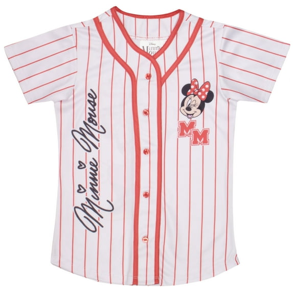 Disney Minnie Mouse Girls Mesh Baseball Jersey - Minnie Graphic Print Short Sleeve Button Down Sports Shirt for Kids (Sizes 4-6X)