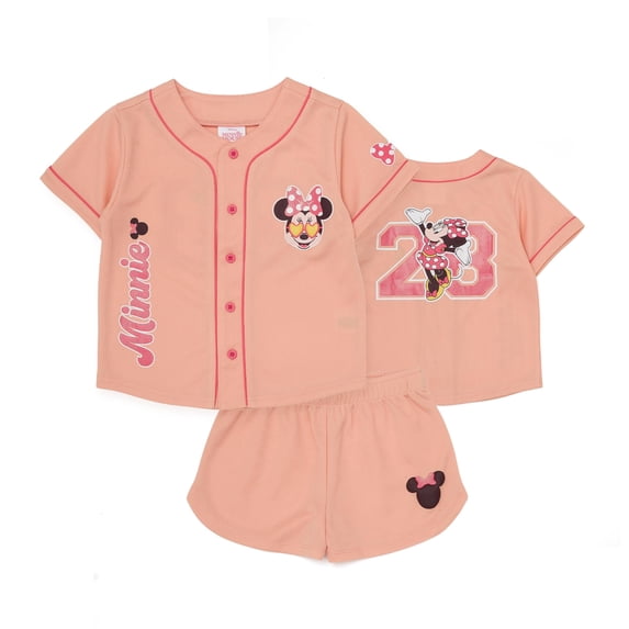 Disney Minnie Mouse Girls Mesh Button Down Shirt and Shorts Set (Peach, 6X)