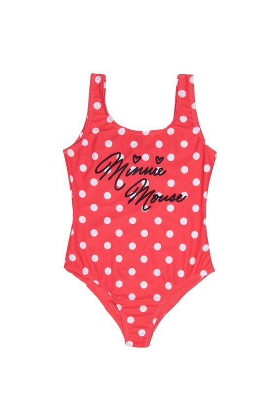 Minnie Mouse Girls One Piece Polka Dot Swimsuit with Back Bow Detail, Quick-Drying Kids Summer Swimwear for the Beach or Pool (Size 2T-6X)