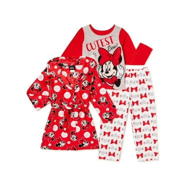 Disney Junior Minnie Mouse Girl's 3 Piece Hooded Robe & Pajama Set (XXS