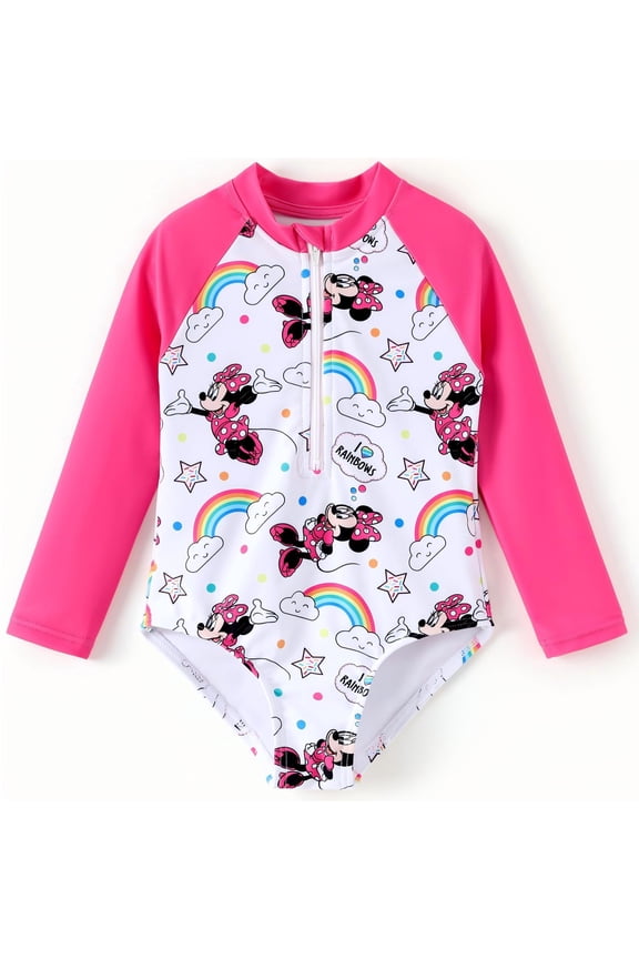 Minnie Mouse Girls Rash Guard One-Piece Swimsuit with Rainbow Print for Toddler 3M-6Y