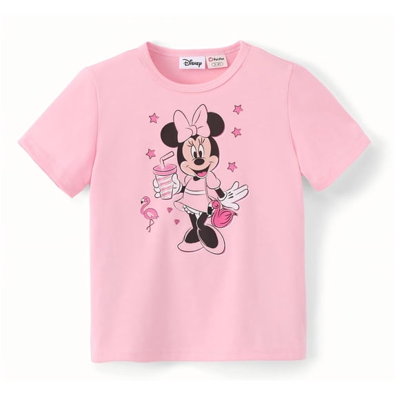 Disney Minnie Mouse Girls Shirts Pink Cotton Crewneck Top Kids Graphic Print Short Sleeve T Shirt Sizes 2-9Y