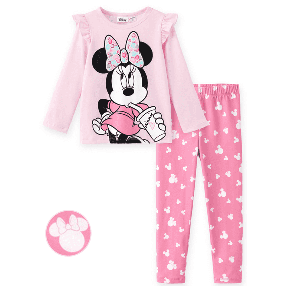 Disney Minnie Mouse Girls Shirts Pink Ruffle Top Printed Leggings 2 Piece Outfit Toddler Kids 2T