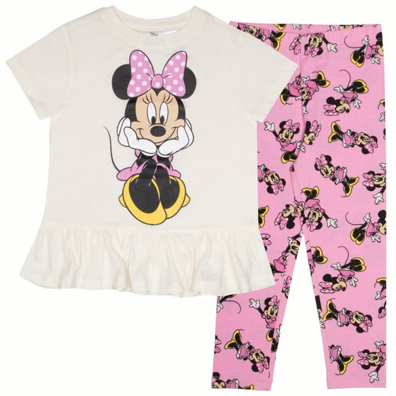 Disney Minnie Mouse Girls Short Sleeve Ruffle Hem T-Shirt & Leggings - Minnie Graphic Design - 2-Piece Bundle Set for Kids (Size 2T-6X)