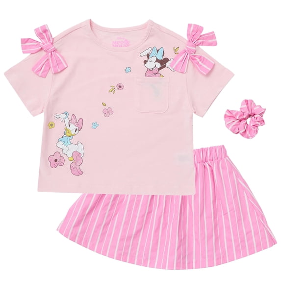 Disney Minnie Mouse Girls Skort Set with Built-In Shorts, Cotton T-Shirt & Poplin Skirt for Toddler Kids (Pink, 3T)