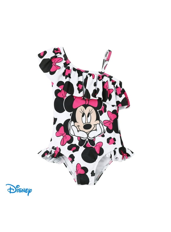 Disney Minnie Mouse Girls Swimsuits Graphic Leopard One Piece Swimwear Ruffled One Shoulder Bathing Suits Sizes 3-10Y