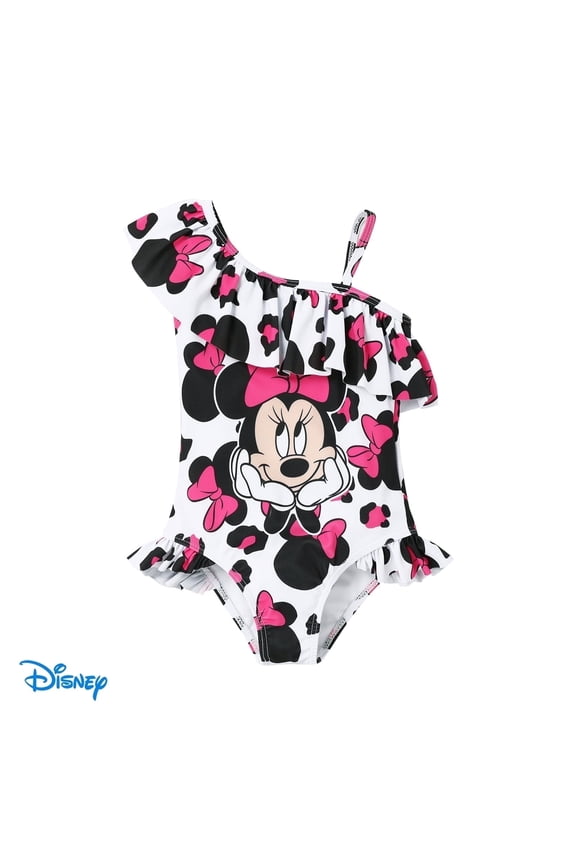 Minnie Mouse Girls Swimsuits Graphic Leopard One Piece Swimwear Ruffled One Shoulder Bathing Suits Sizes 3-10Y