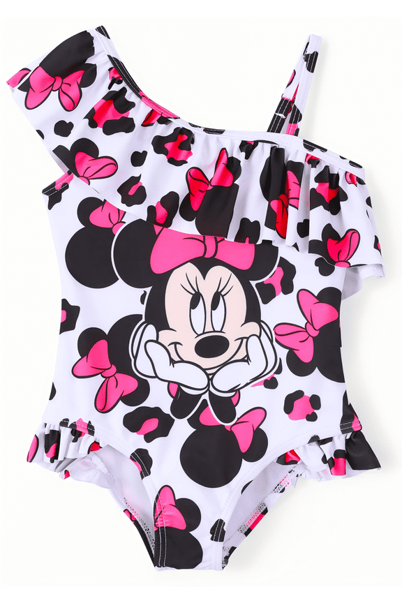 Minnie Mouse Girls Swimsuits Graphic Leopard One Piece Swimwear Ruffled One Shoulder Bathing Suits Sizes 3-10Y