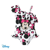 Disney Minnie Mouse Girls Swimsuits Graphic Leopard One Piece Swimwear Ruffled One Shoulder Bathing Suits Sizes 3-10Y