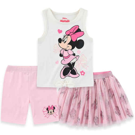 Disney Minnie Mouse Girls Tank Top, Shorts, and Tulle Skirt Girls), 3 Piece Set, Sizes 12M-6X