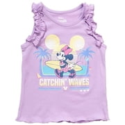 Disney Minnie Mouse Girls Toddler Tank Top Catchin Waves Beach Graphic with Surfboard, Ruffle Trim & Soft Cotton Blend