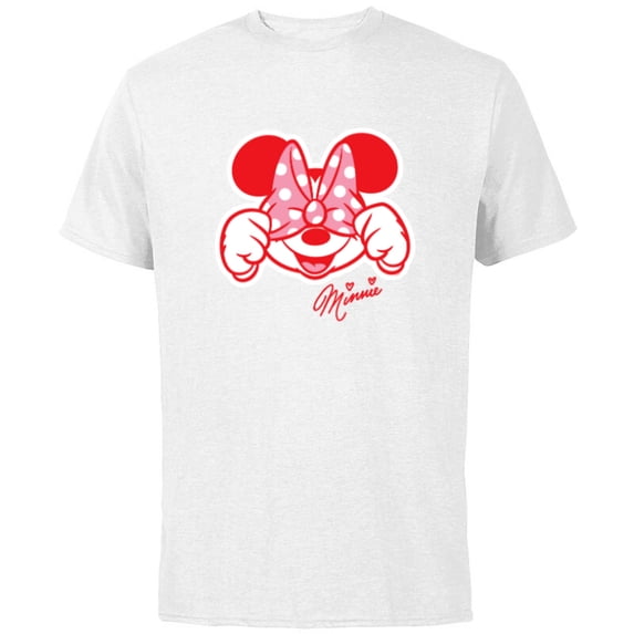 Disney Minnie Mouse Happy Cute Smiling Face Polka-Dot Bow - Short Sleeve Cotton T-Shirt for Adults - Customized-White