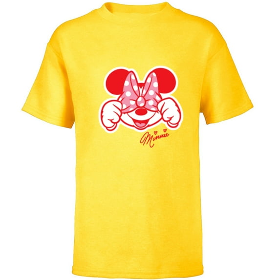 Disney Minnie Mouse Happy Cute Smiling Face Polka-Dot Bow - Short Sleeve T-Shirt for Kids - Customized-Yellow